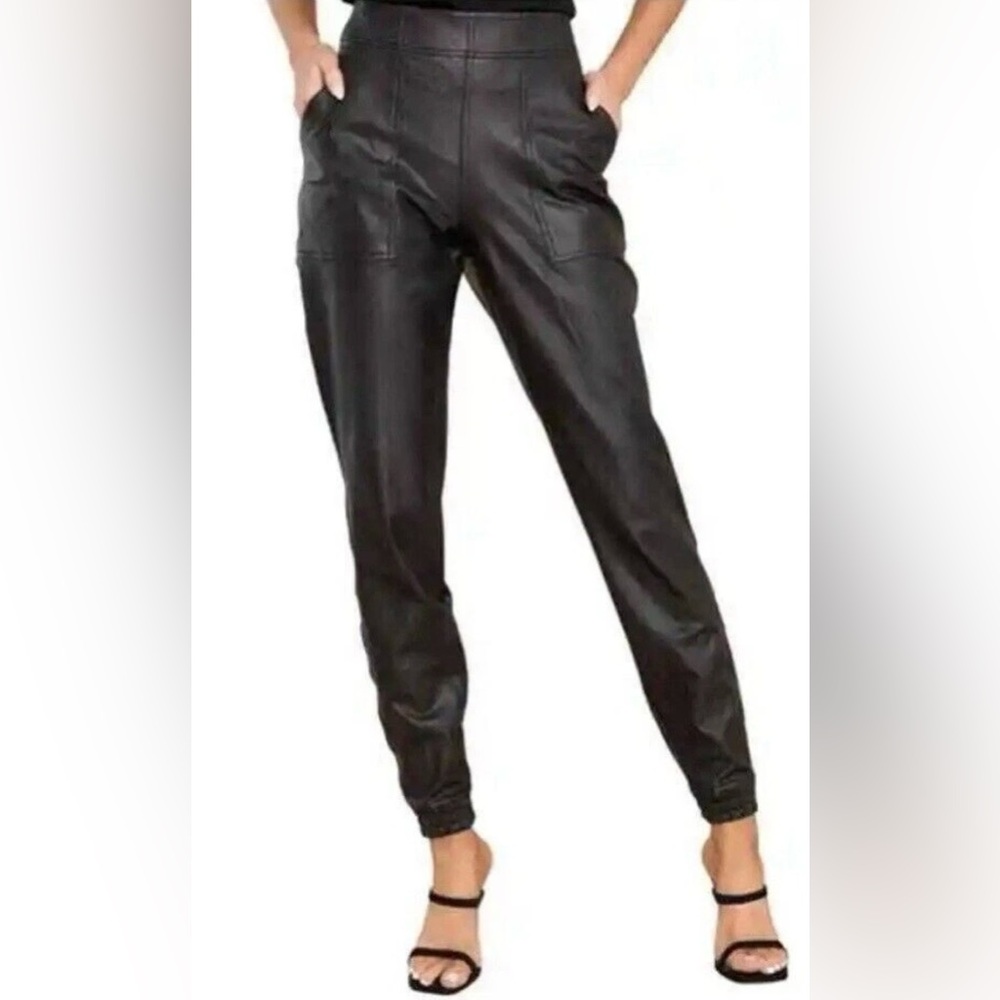 Spanx S Leather Like Jogger Pull On Pant Black Vegan Stretch Comfort Casual